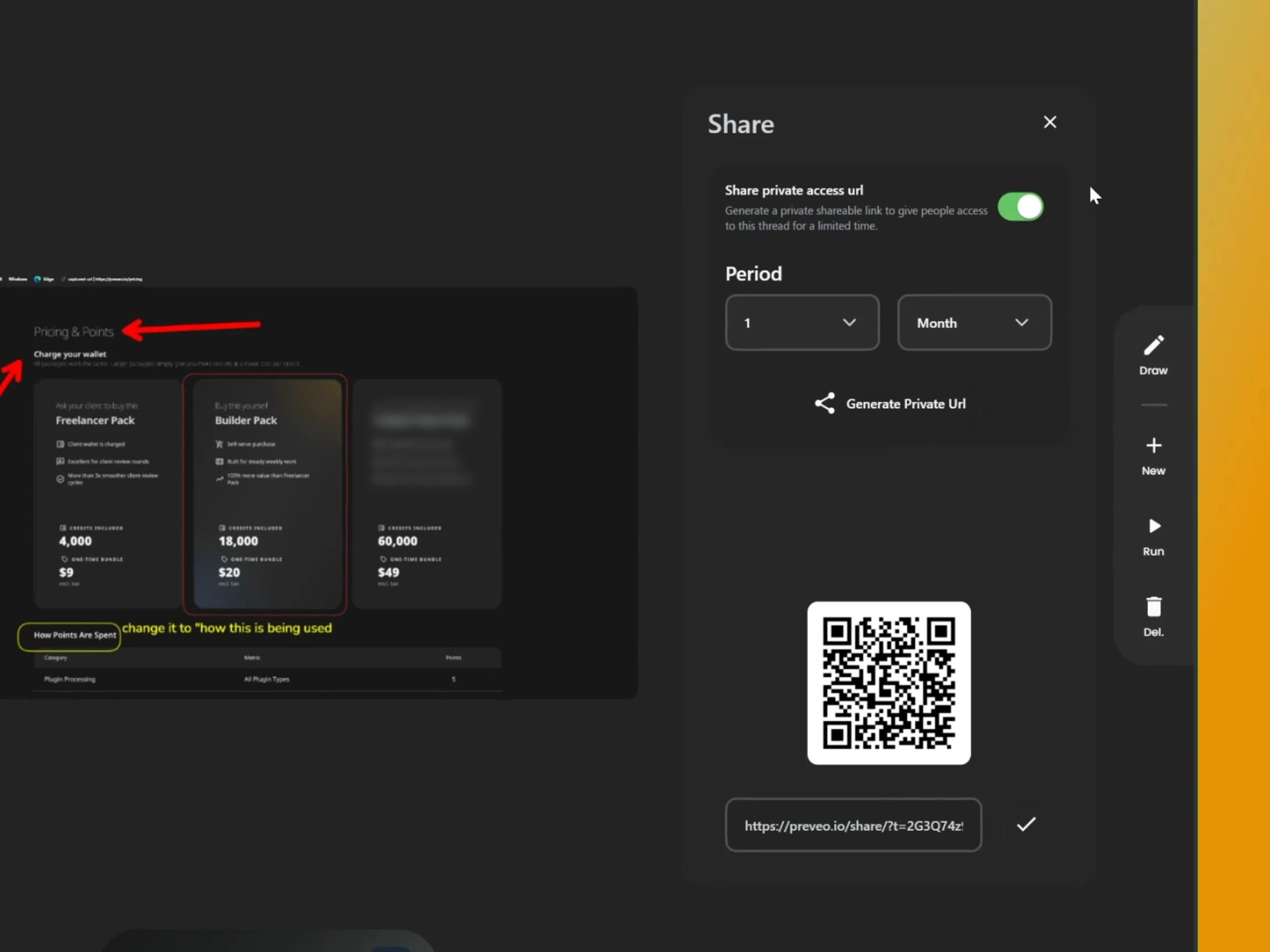 Preveo browser extension showing a captured page ready to share in a thread